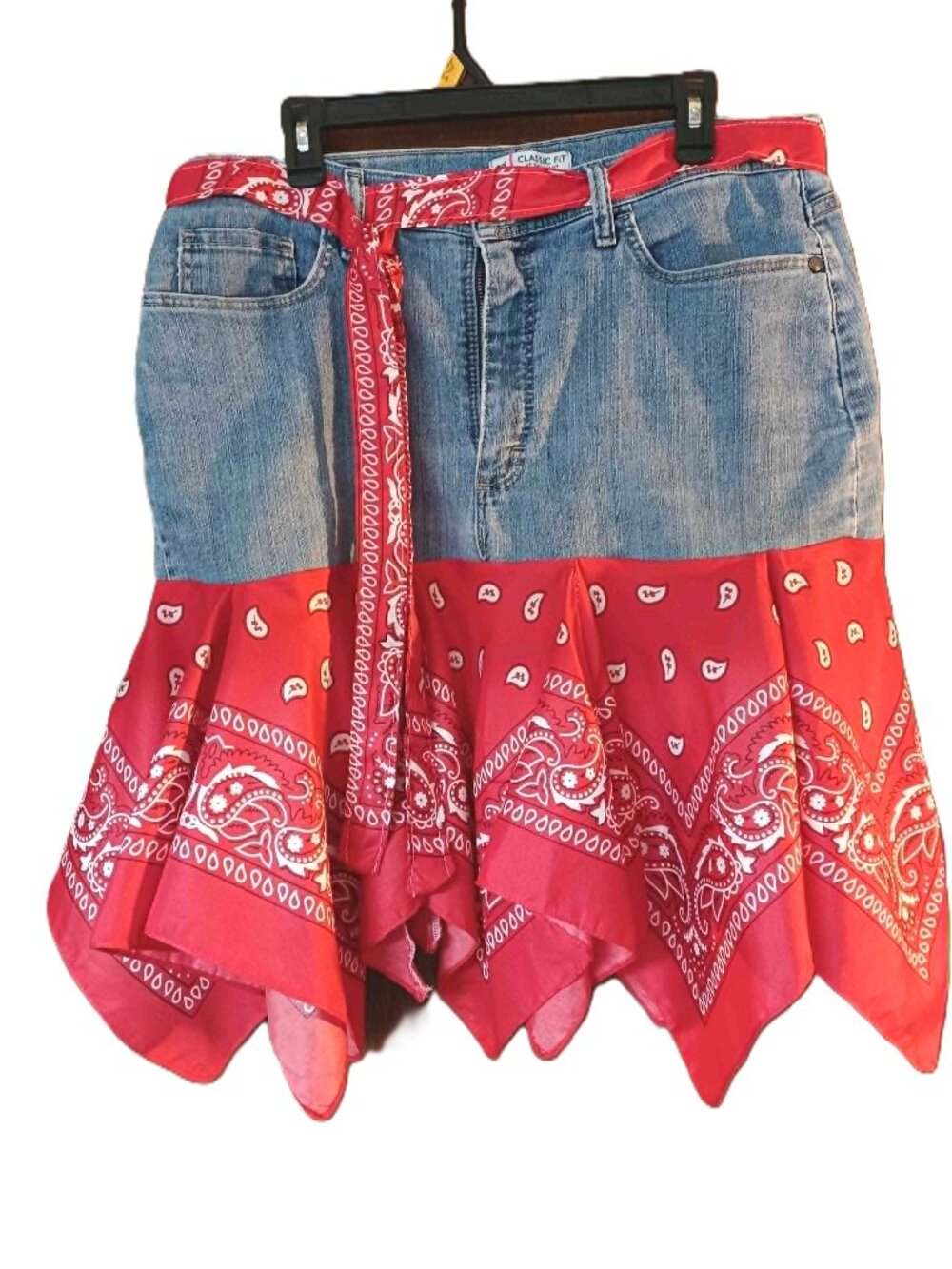 Handmade Upcycled jean Denim Red Bandana Skirt short